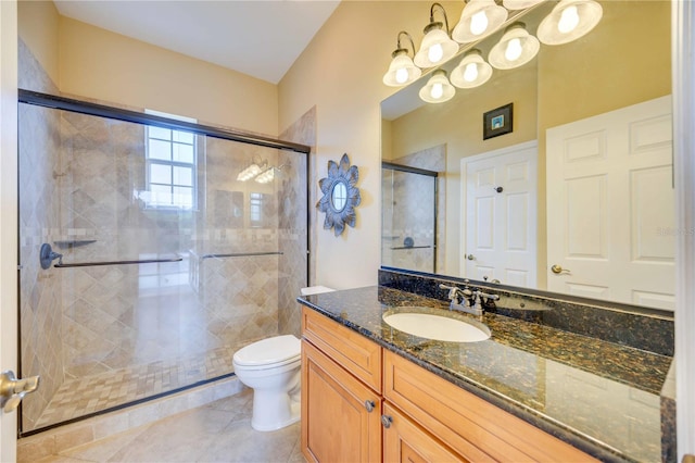 full bath featuring tile patterned floors, toilet, a stall shower, and vanity