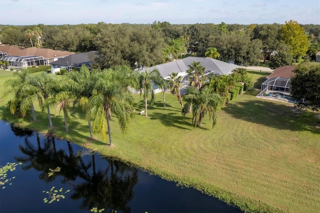 drone / aerial view with a water view