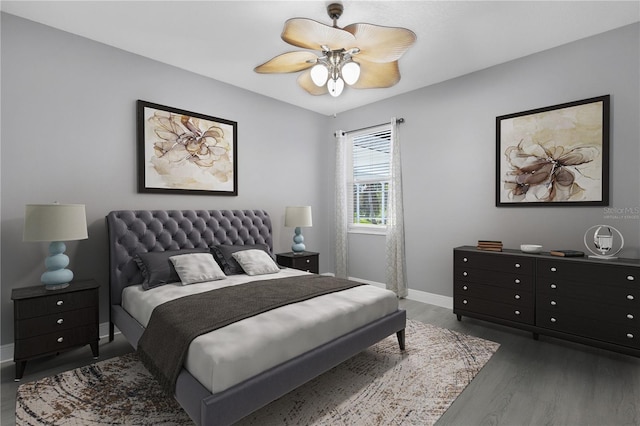 bedroom featuring dark hardwood / wood-style flooring and ceiling fan