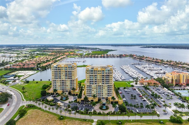 drone / aerial view featuring a water view