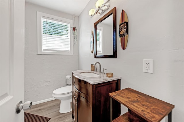 bathroom with toilet, hardwood / wood-style flooring, and vanity