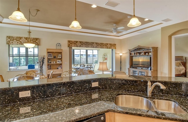 kitchen featuring a raised ceiling, visible vents, open floor plan, a sink, and plenty of natural light