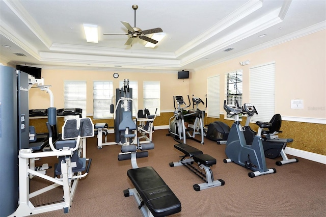 workout area with ornamental molding, a raised ceiling, a wealth of natural light, and ceiling fan