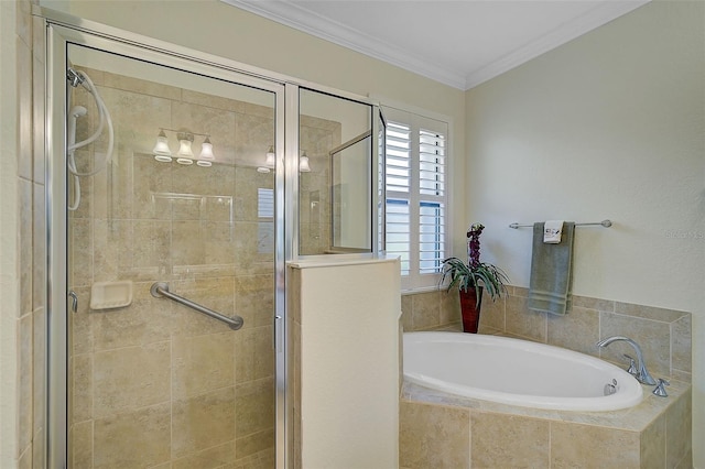 full bathroom with a bath, a stall shower, and ornamental molding