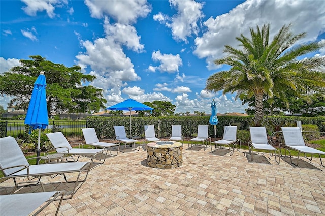 view of patio / terrace with an outdoor fire pit