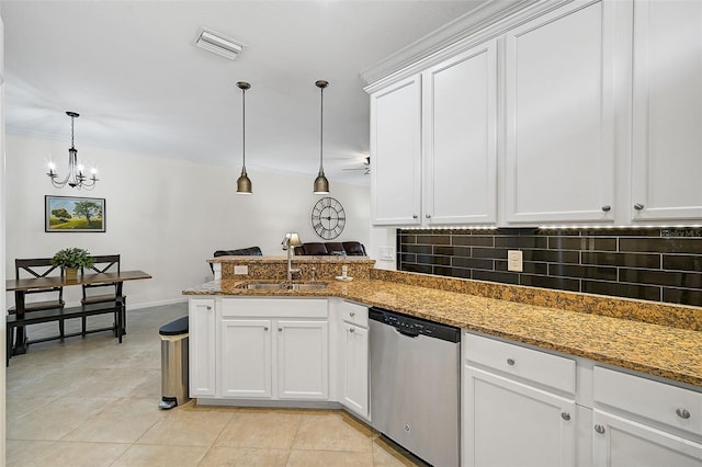 kitchen featuring stainless steel dishwasher, kitchen peninsula, white cabinetry, and sink