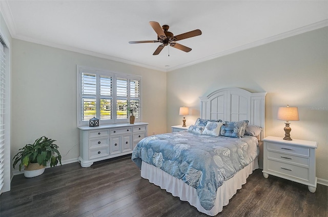 bedroom featuring ornamental molding, ceiling fan, and dark wood-type flooring