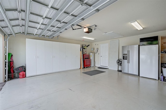 garage with white fridge, water heater, a garage door opener, and high end refrigerator