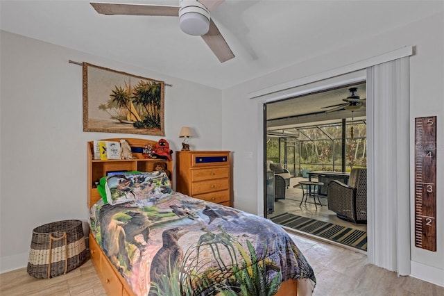 bedroom with ceiling fan and access to outside