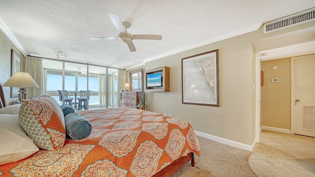 bedroom featuring baseboards, a textured ceiling, visible vents, and crown molding