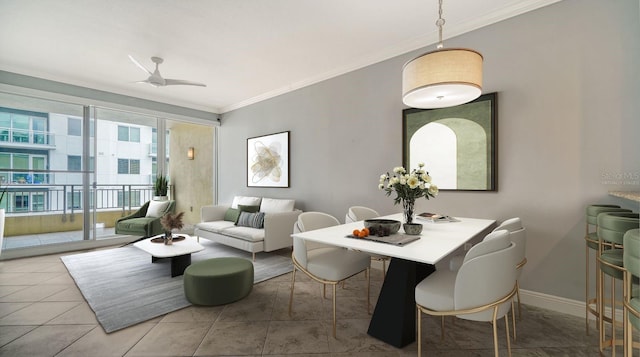 living room with ornamental molding, ceiling fan, and light tile patterned floors