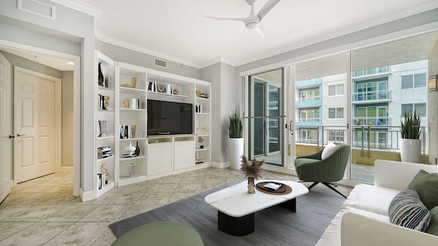 tiled living room with crown molding and ceiling fan