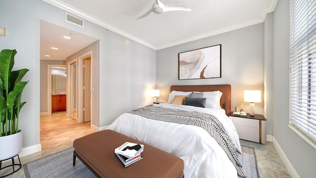 tiled bedroom with ornamental molding, multiple windows, and ceiling fan