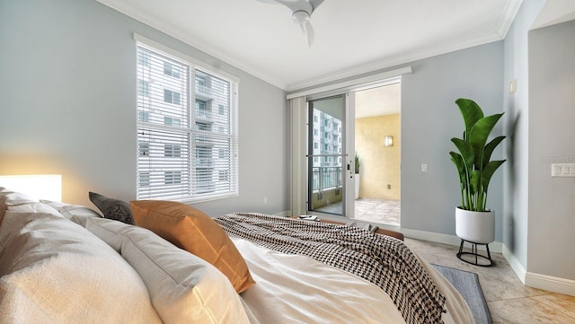 tiled bedroom featuring crown molding, ceiling fan, and access to exterior