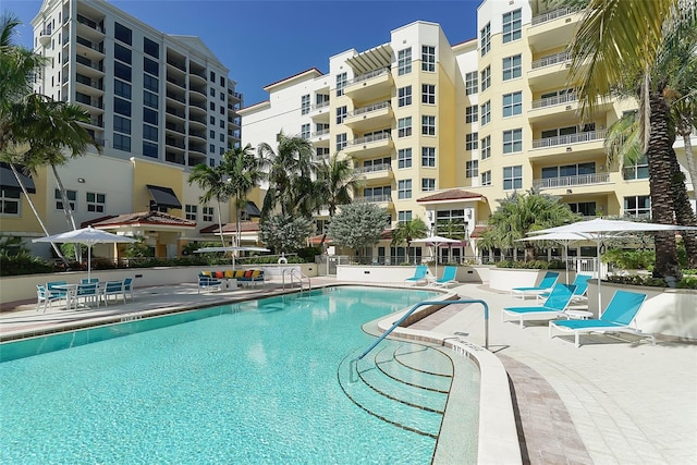 view of swimming pool with a patio area