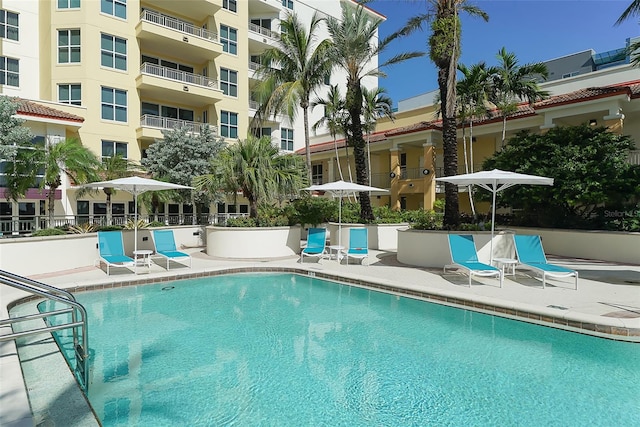 view of swimming pool with a patio area