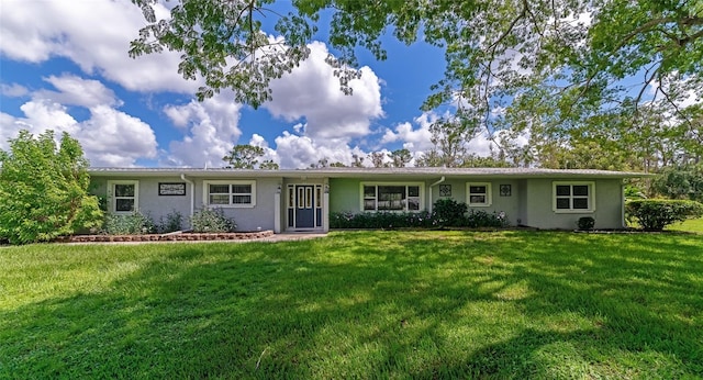 single story home featuring a front lawn and stucco siding