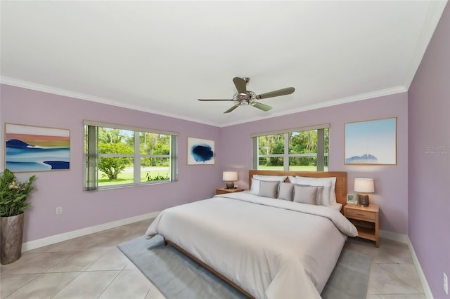 bedroom with baseboards, ornamental molding, a ceiling fan, and light tile patterned flooring