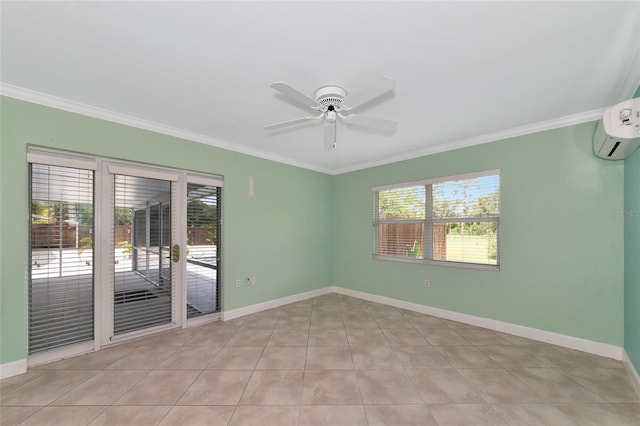 unfurnished room with a ceiling fan, baseboards, ornamental molding, and an AC wall unit