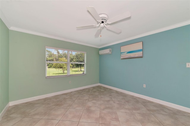 spare room with ceiling fan, an AC wall unit, ornamental molding, and baseboards