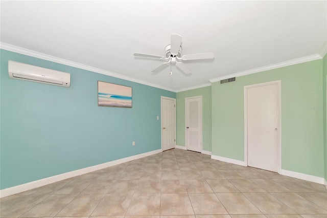 unfurnished bedroom with ornamental molding, a wall mounted air conditioner, visible vents, and baseboards