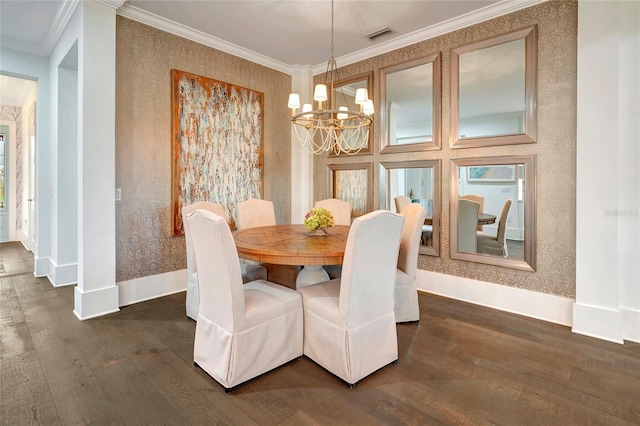 dining area featuring crown molding, a wealth of natural light, a notable chandelier, and dark hardwood / wood-style floors