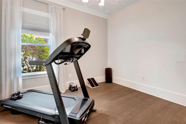 workout room with crown molding, hardwood / wood-style flooring, and a chandelier