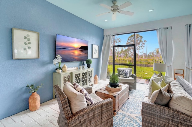 living room with ceiling fan