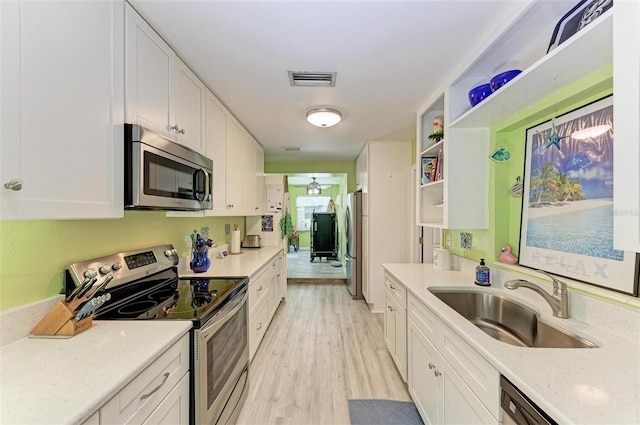 kitchen with white cabinets, appliances with stainless steel finishes, open shelves, and a sink