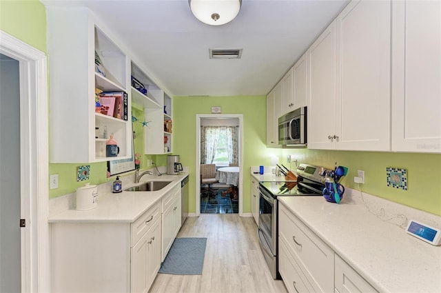 kitchen with stainless steel appliances, a sink, visible vents, white cabinets, and light countertops