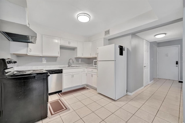 kitchen featuring white fridge, dishwasher, electric range oven, sink, and white cabinets