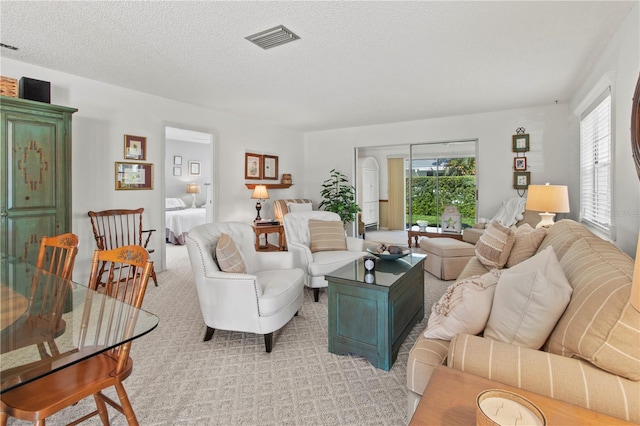 living room featuring light carpet and a textured ceiling