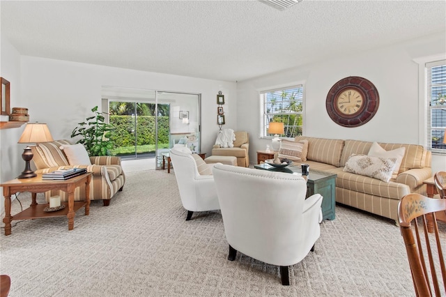 living room with light colored carpet and a textured ceiling