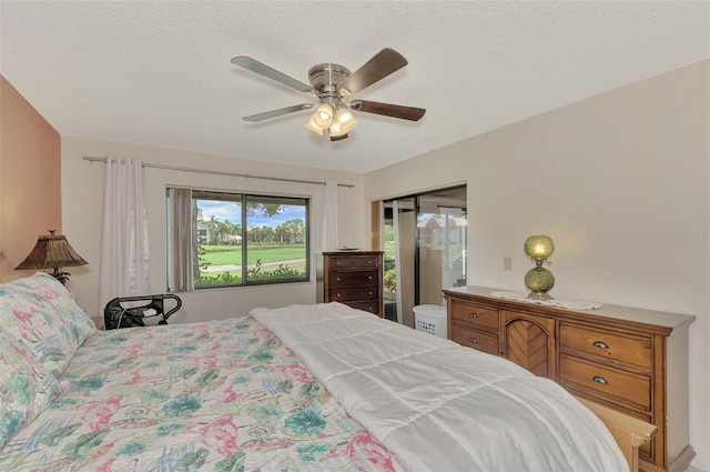 bedroom featuring a textured ceiling and ceiling fan