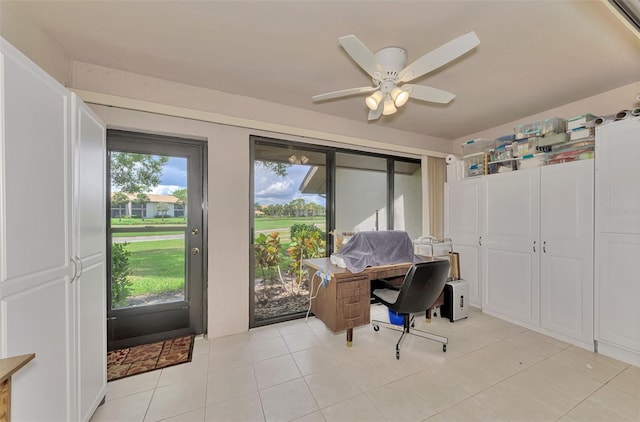 office area featuring ceiling fan and light tile patterned floors