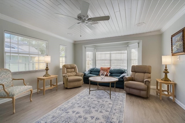 living room with light wood-type flooring, ceiling fan, wooden ceiling, and ornamental molding