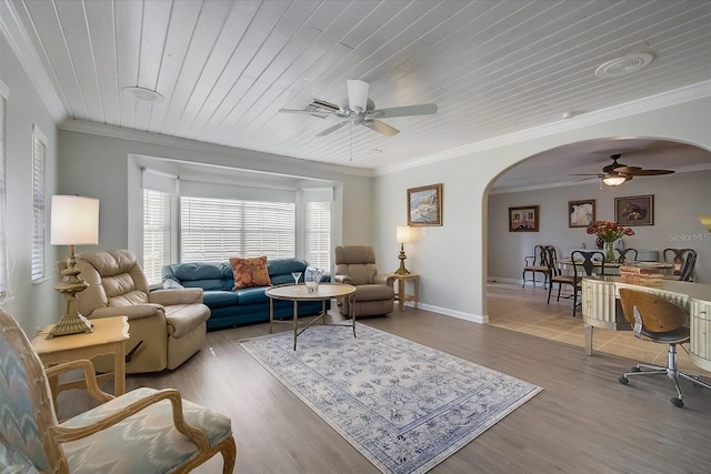 living room with crown molding, hardwood / wood-style floors, ceiling fan, and wooden ceiling