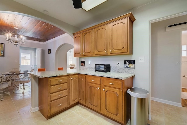 kitchen featuring an inviting chandelier, crown molding, light stone countertops, wood ceiling, and kitchen peninsula