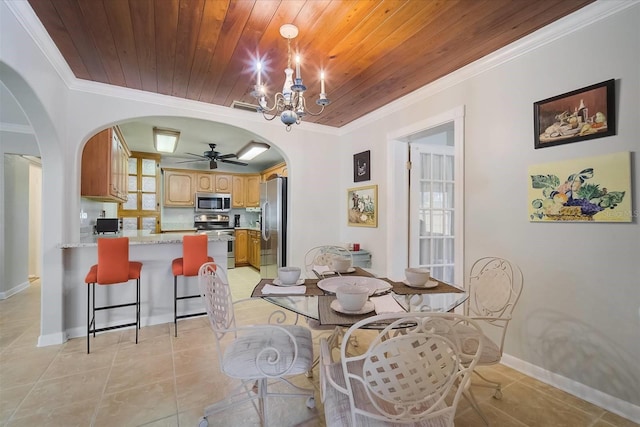 tiled dining space with ceiling fan with notable chandelier, wood ceiling, and crown molding