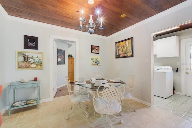 tiled dining space featuring crown molding, wooden ceiling, and washer / clothes dryer