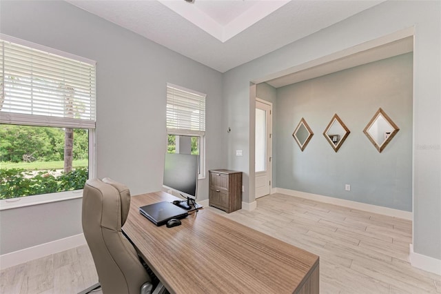 home office with light hardwood / wood-style floors