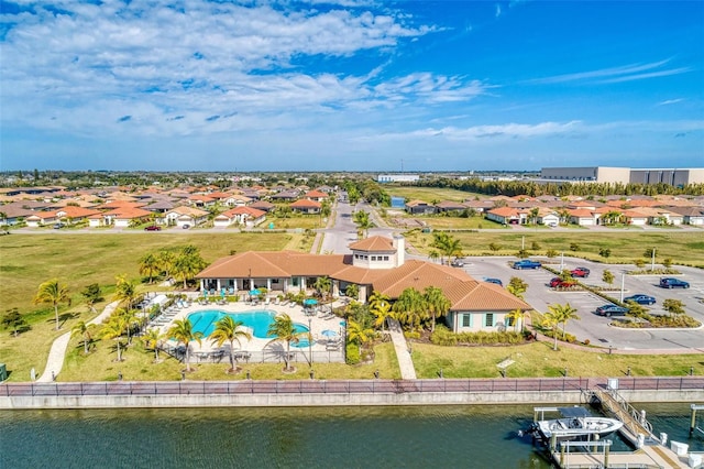 aerial view featuring a water view