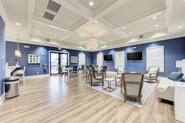 living room with crown molding, coffered ceiling, beam ceiling, and light hardwood / wood-style floors