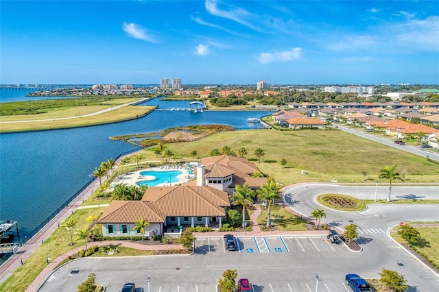 drone / aerial view with a water view