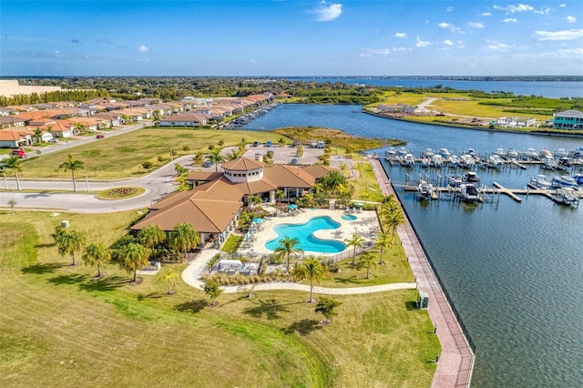 drone / aerial view featuring a water view