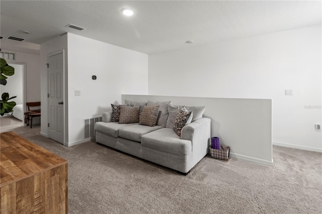 carpeted living room with a textured ceiling