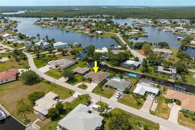 drone / aerial view featuring a water view