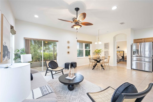 living room with light tile patterned floors, recessed lighting, a ceiling fan, baseboards, and visible vents