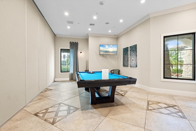 playroom featuring billiards and ornamental molding