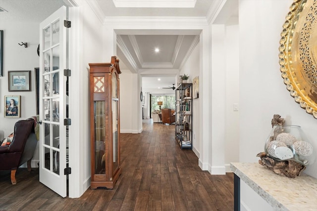 hall featuring french doors, dark hardwood / wood-style floors, and crown molding